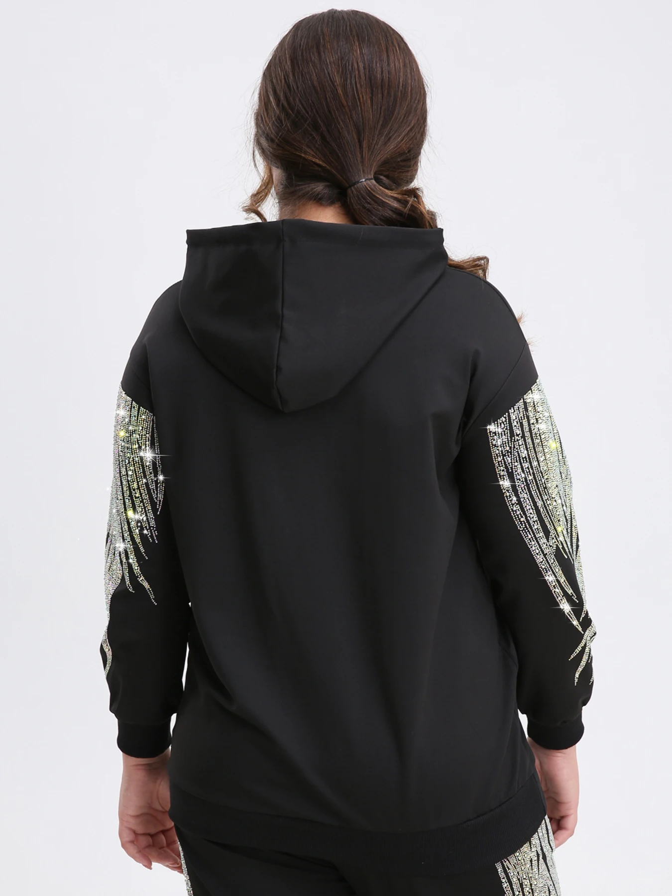 Plus Size Rhinestone Hoodie Long Sleeve Pullover Sweatshirt with Comfortable Design Y2K Fashion Inspired Graphic Hooded Top