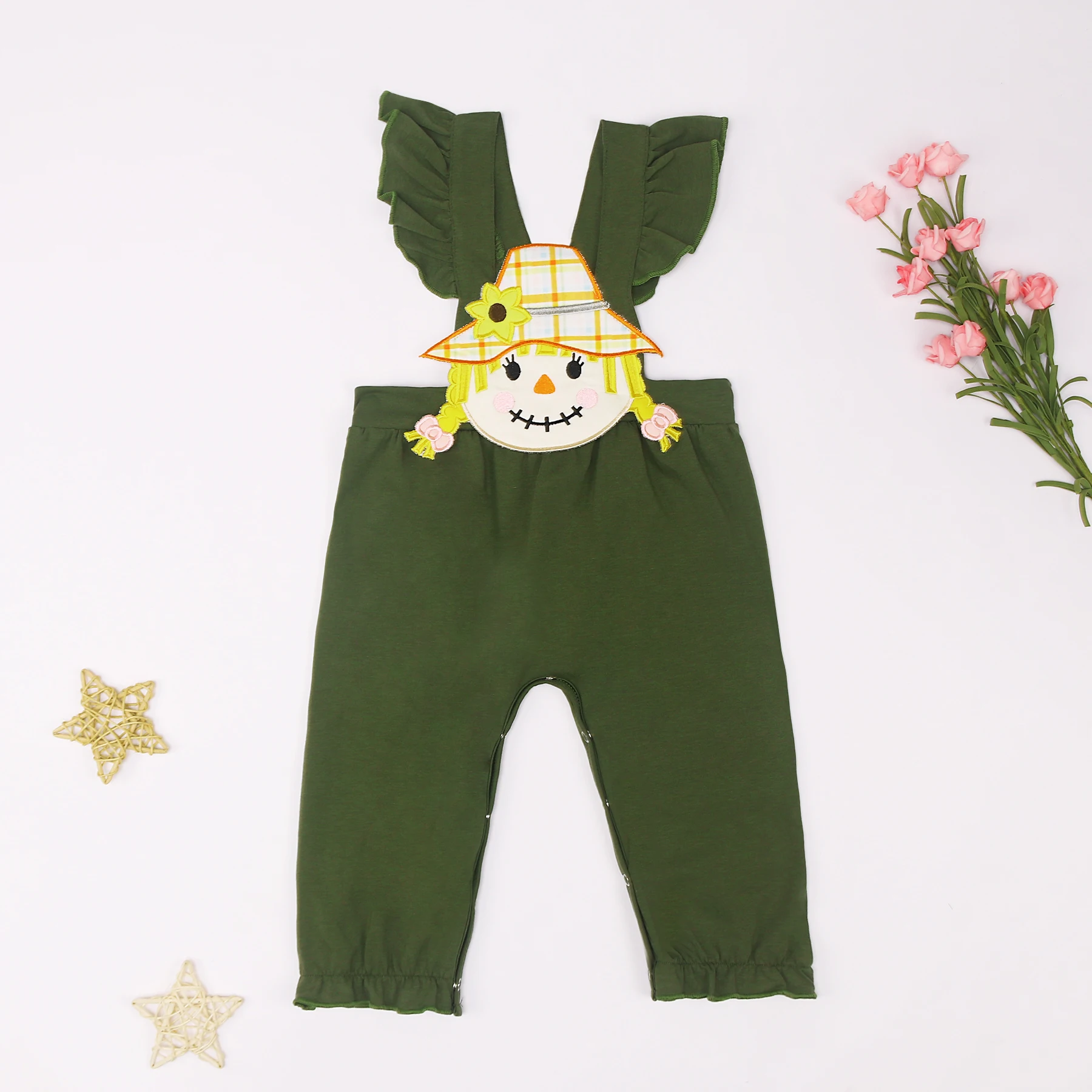 

0-3T Baby Girl New Design Clothes Green One Piece Cute Flying Sleeve Scarecrow Romper Pants Fall Style Cozy Bubble