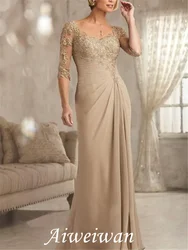 Sheath Mother of the Bride Dress Plus Size Sexy See Through V Neck Floor Length Chiffon Lace Half Sleeve with Lace Guest Dresses