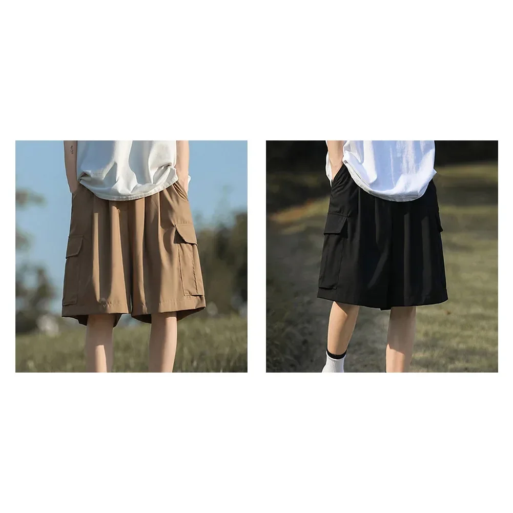 شورت رجالي أسود ريترو كل موسم شورت رجالي مريح مناسب بنطال نسيج بوليستر مادة مطاطية طفيفة تصميم بلون سادة