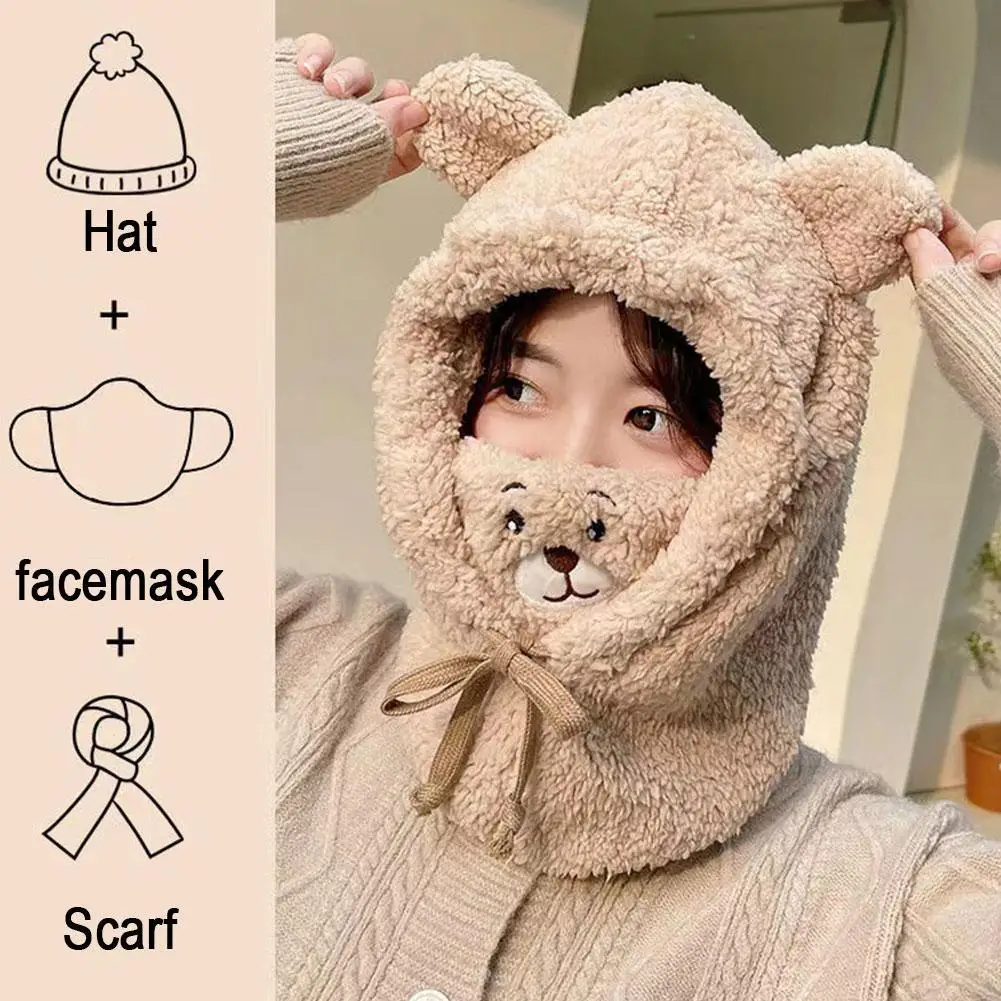 

Winter Cute Bear Ear Hat Plush Scarf Women's Cute Ear-Protector Gloves Three-Piece Set Warmth Neck Warmer Integrated Hood