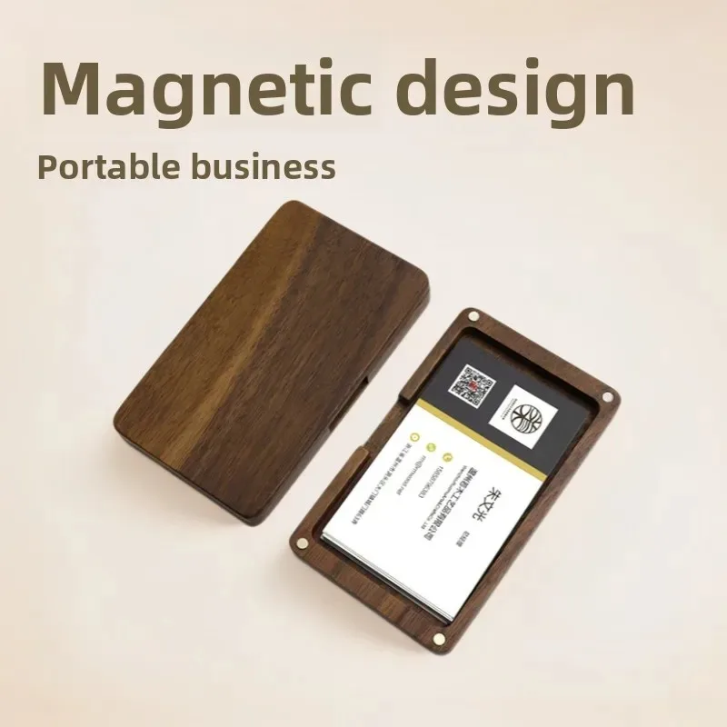 

Портативная коробка для визиток из цельного дерева, мужская и женская визитница, прямоугольная коробка с магнитной пряжкой из цельного дерева