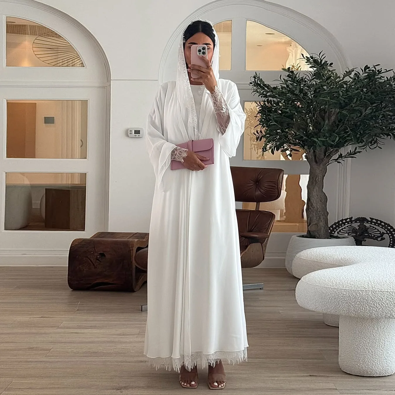 

White Open Abaya with Hijab Scarf Set Lace Sleeve Muslim Cardigan Dress Dubai Eid Party Jalabiya Ramadan Abayas for Women Kaftan