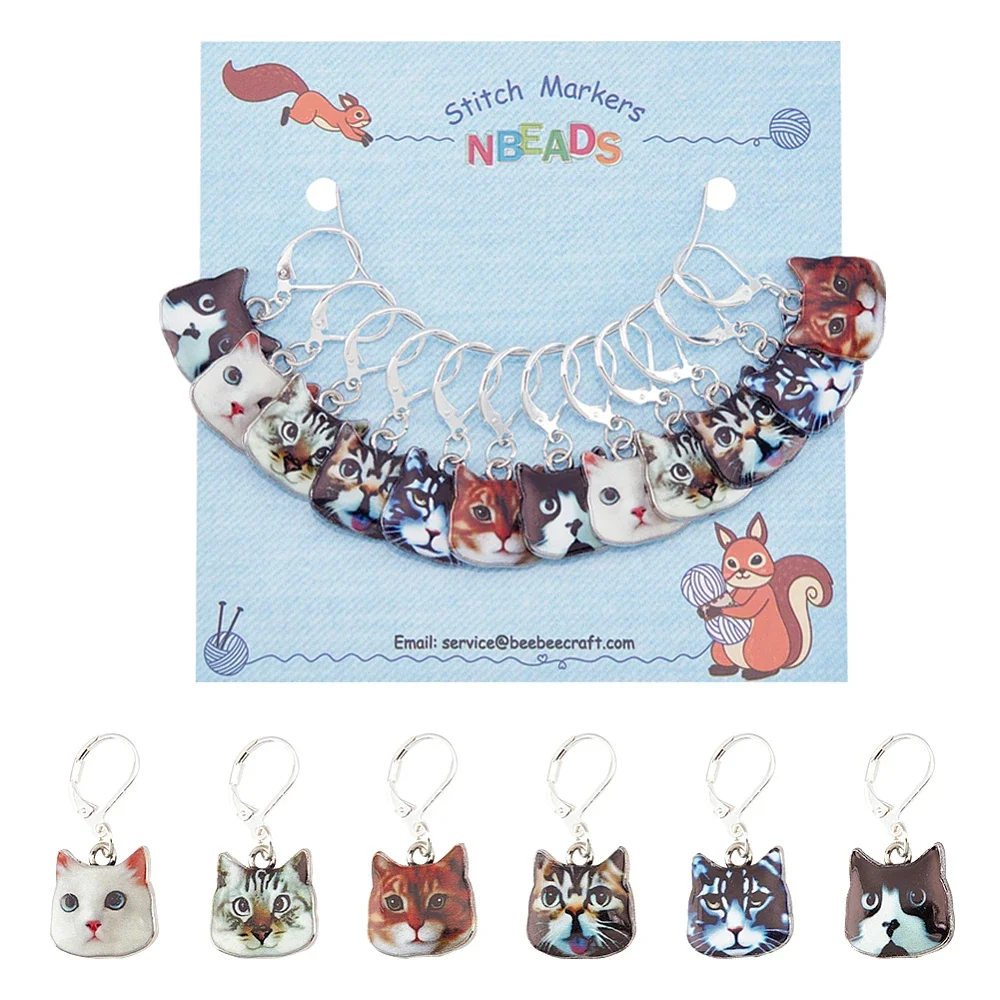 12Pcs Cat Stitch Markers 6Styles Alloy Enamel Cat Crochet Stitch Marker Charms Removable Locking Stitch Marker for Handmade