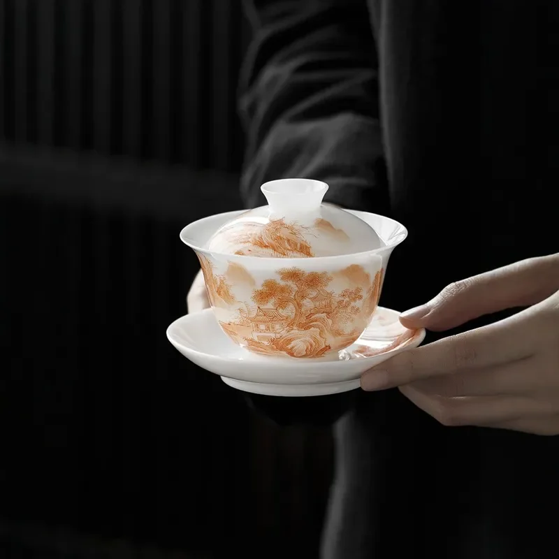 Chinese Hand Painted Landscape White Porcelain Gaiwan Sancai Tea Bowl Kung Fu Tea Set Household Light Luxury Heat Resistant
