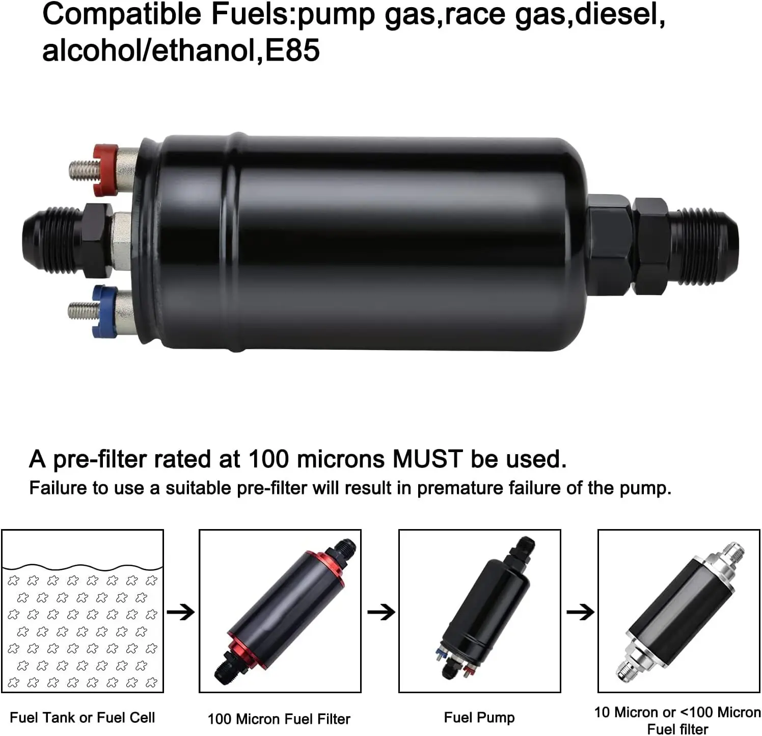 ปั๊มเชื้อเพลิงแรงดันสูงไฟฟ้าอินไลน์ภายนอกสากล E85 0580254044 สีดำ
