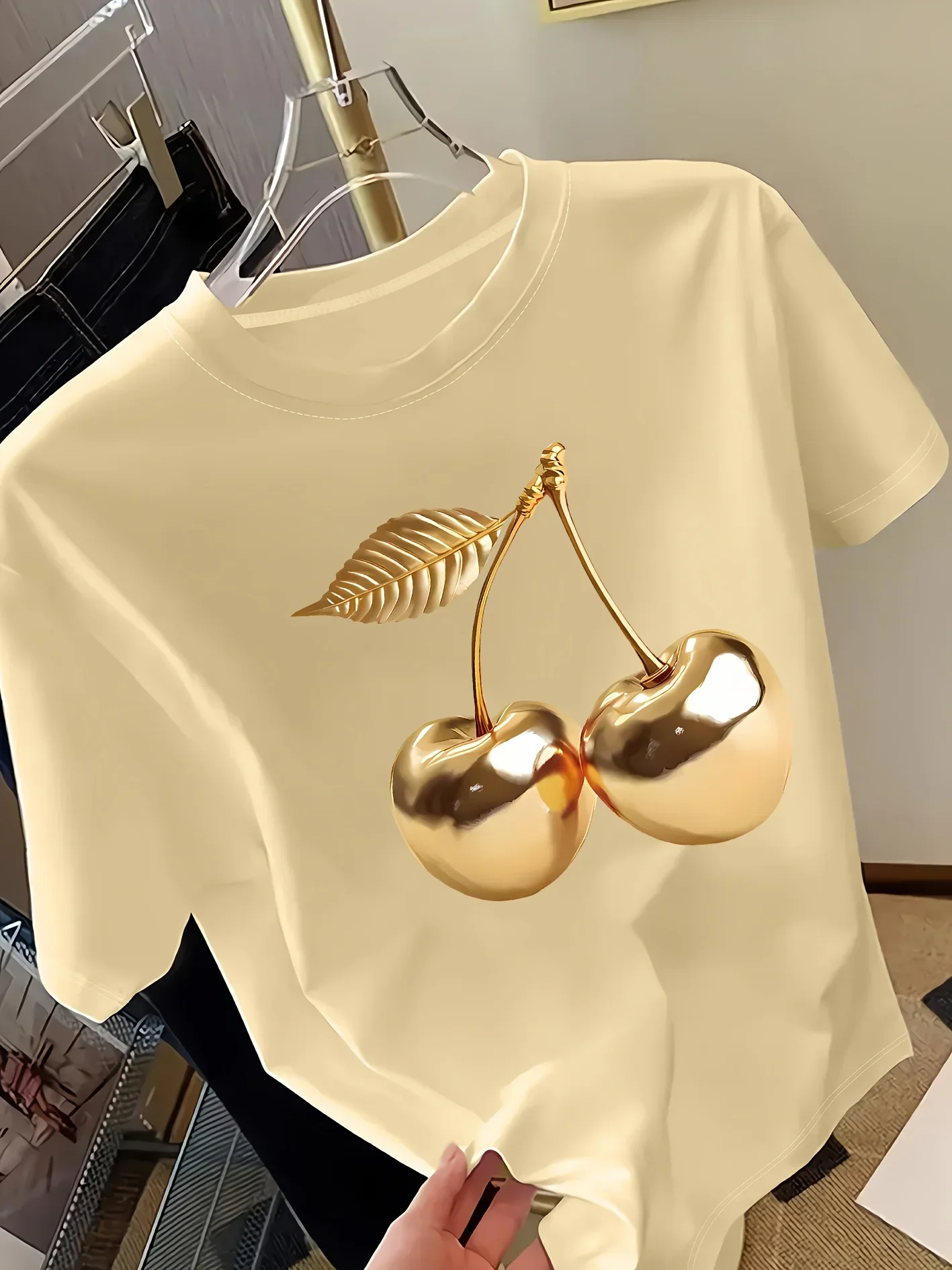 Golden Cherry Print Women Short Sleeve T-Shirt Stylish Casual Tee a Sense of Elegance Versatile Top for Women Minimalist Design