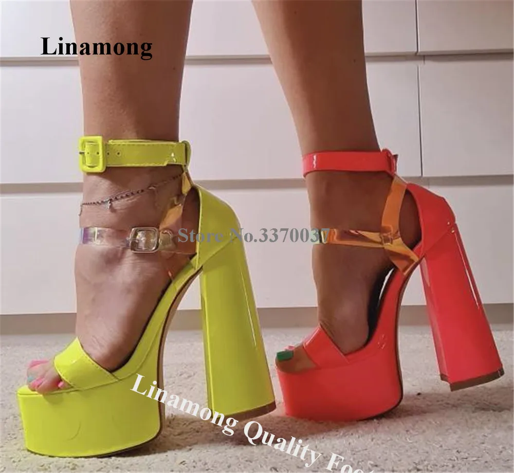 

Linamong Yellow Orange Patent Leather Chunky Heel Sandals Open Toe PVC Patchwork High Platform Thick Heel Wedding Heels Big Size