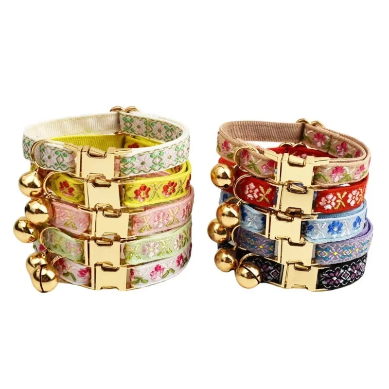Luxury Cat Collar Leash Set with Bell Gold Metal Buckle Jacquard Embroidery Ribbon Customized Engraving Dog Collar Pet Leash