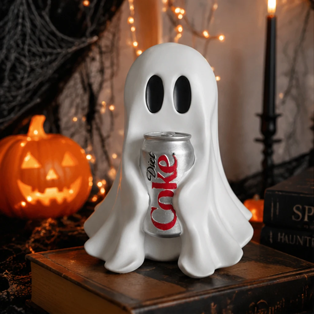 Ghost Holding Soda Can Resin Statue, Spooky Ghost Drink Holder Figurine, Halloween Desktop Ornament,Funny Ghost Table Home Decor