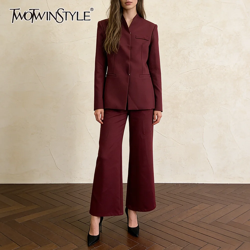 

TWOTWINSTYLE Burgundy Spliced Pocket Two Piece Set Female V Neck Long Sleeve Jacket Office Lady Women's Trousers Set Autumn New
