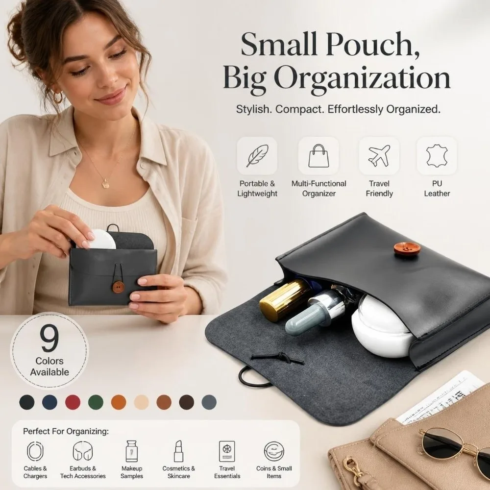Vintage Soft PU Leather Cosmetic Bag Waterproof Lightweight Makeup Organizer Bag Button Closure Beauty Case for Women