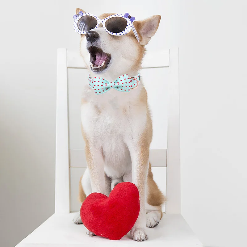 Unique Style Paws Blue Heart Dog Collar,  Valentine\'s Day Dog Collar with Bowtie Cute Puppy Necklace for Small Medium Large Dog