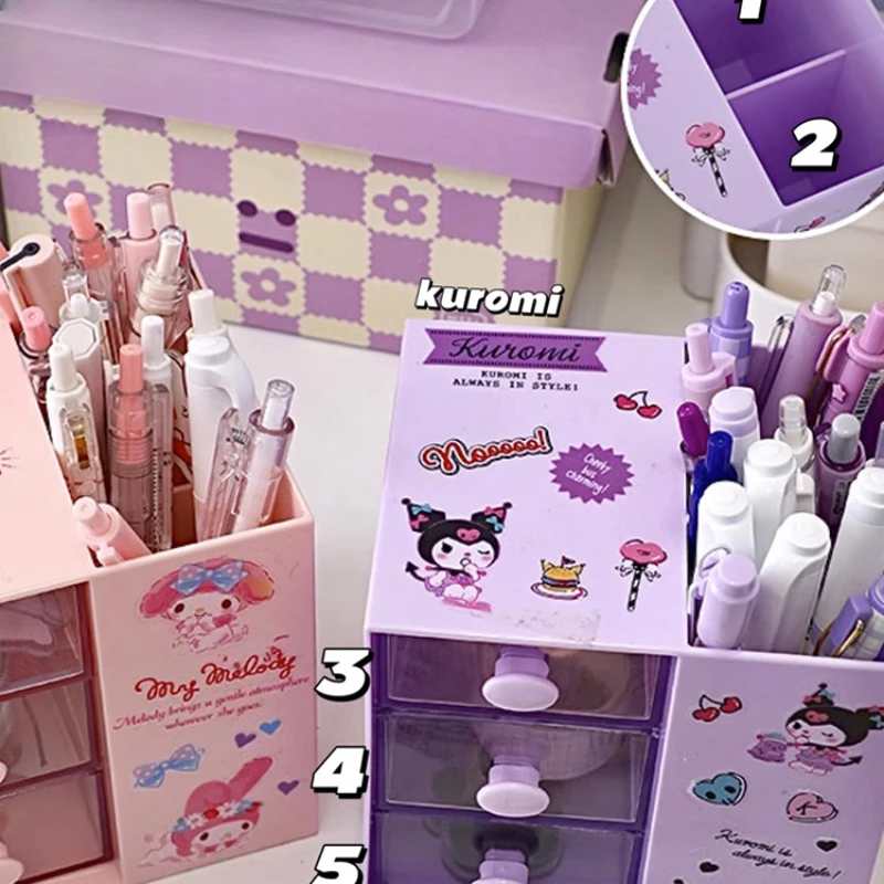 Sanrio-organizador de bolígrafos Kawaii con rejillas, organizador de gran capacidad para estudiantes, oficina, niñas, Kuromi, caja de almacenamiento