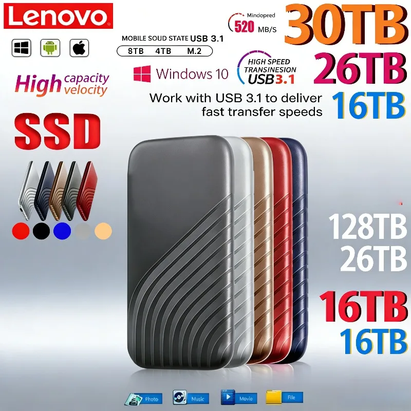

Внешний SSD-накопитель Lenovo 2026 New (2 ТБ, 4 ТБ, 8 ТБ) с интерфейсом Type-C, высокоскоростной USB 3.1, портативный жесткий диск для ноутбука