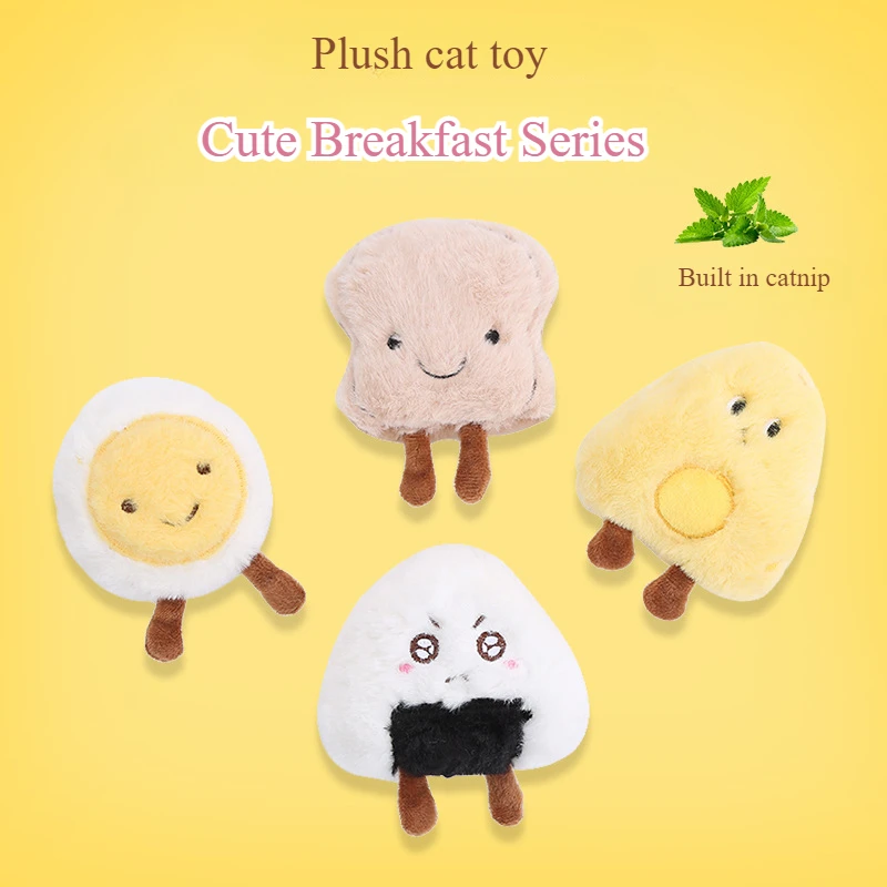 

Pet Cute Rice and Vegetable Roll Bread Cheese Poached Egg Breakfast Style Plush Cat Mint Toy