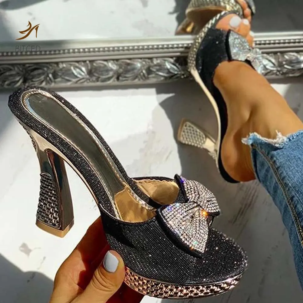 Trendy Fashion Female Bowknot Sexy Slippers 2022 Summer Slippers Women Platform Crystal Thick High Heels Shoes Woman