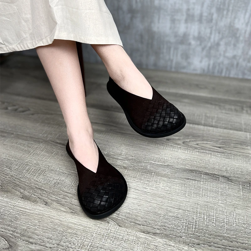 

Loafers Women Leather Dance Shoes Women Ballet Flats Autumn Handmade Genuine Leather Women Flats Retro Slip On Lazy Shoes Lady