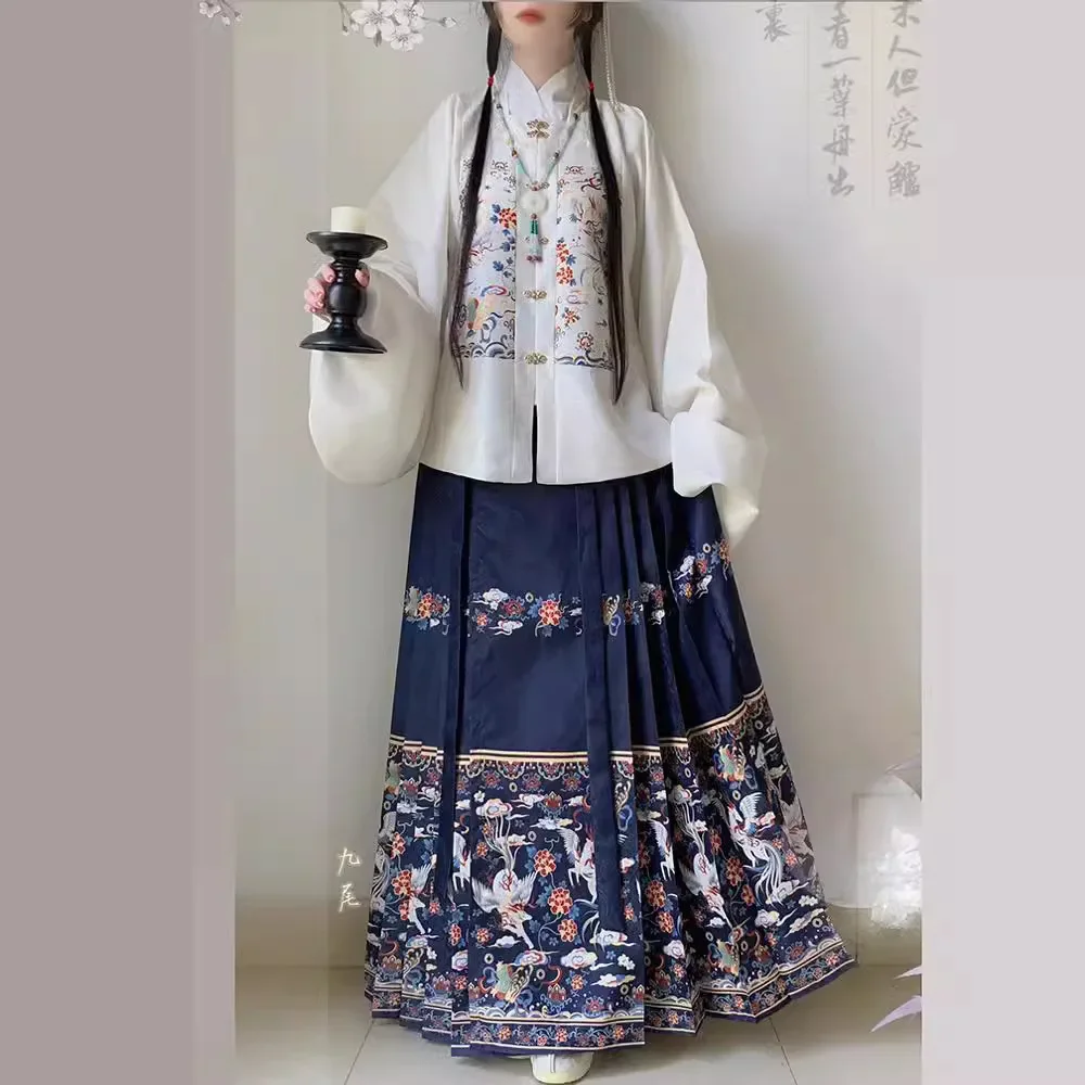 Ming-made Hanfu Women's Jacquard Square Neck Patch Pipa Sleeve Set Spring and Autumn Horse Skirt