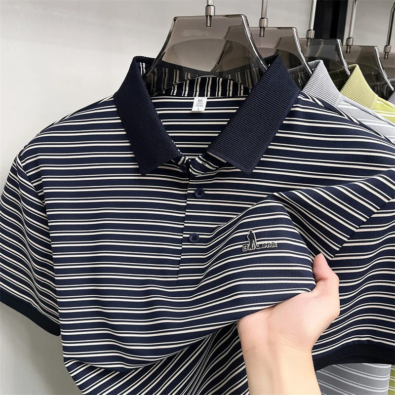 High end brand striped short sleeve polo shirt men's new fashion letter embossed luxury breathable summer casual golf T-shirt
