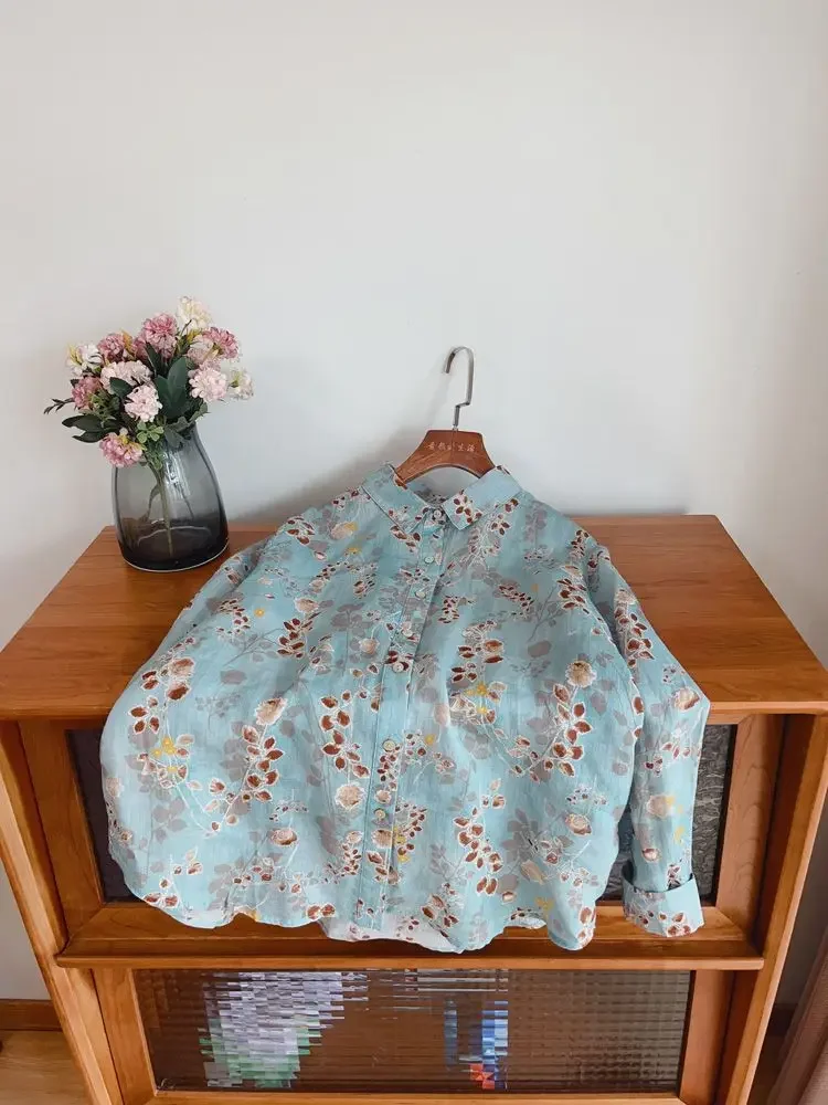 

Quality Summer Thin Printed Shirt Women's Tops Cotton and Linen Floral Shirt French Niche Good