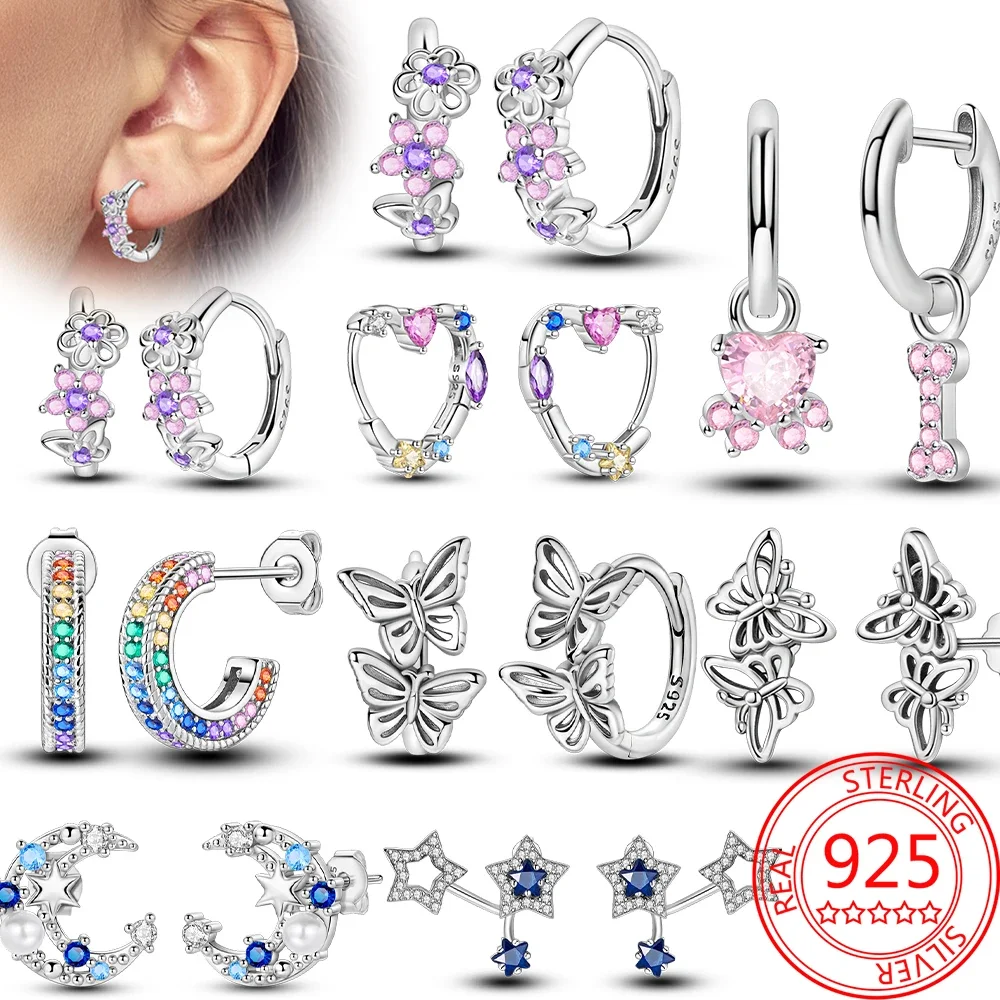 

925 Sterling Silver Stud Earrings Sparkling Pink Butterfly Zircon Earrings for Women Exquisite Wedding Anniversary Jewelry Gifts