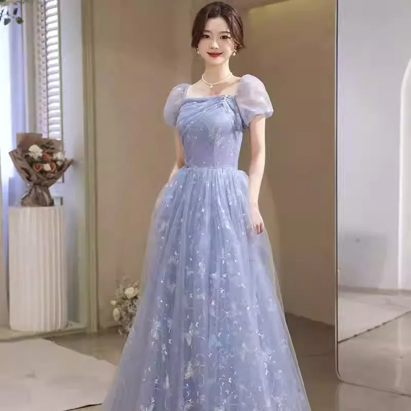 

French Butterfly Print Blue Evening Dress For Women New Banquet Style Light Luxury Birthday Dresses Student Art Exam Host Dress