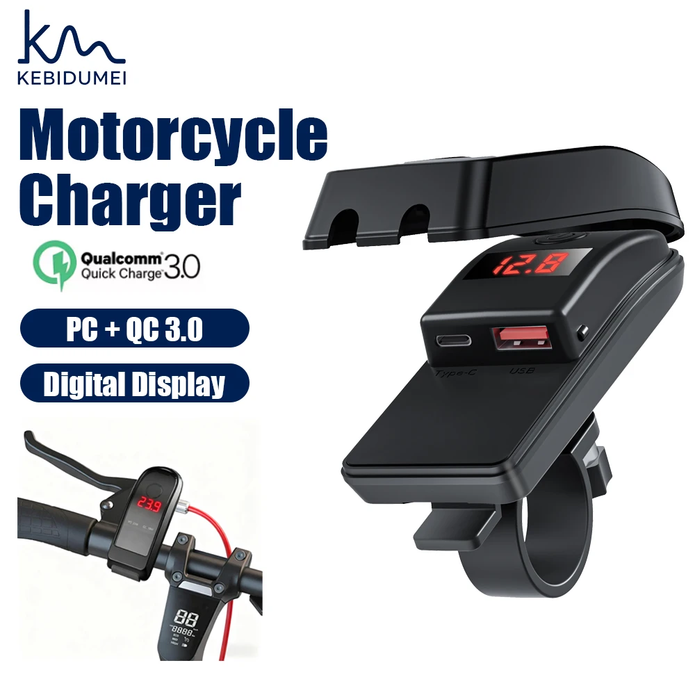 

KEBIDUMEI 12V Motorcycle Charger Waterproof Handlebar Socket PD QC3.0 Power Supply Adapter with Voltmeter Motorcycle Accessories