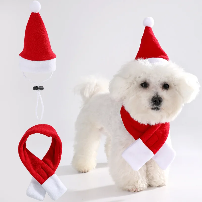 

Christmas Cat Santa Hat with Scarf Festive Cat Christmas Outfit Pet Costume for Kitten At Christmas Parties Photos Pet Costume