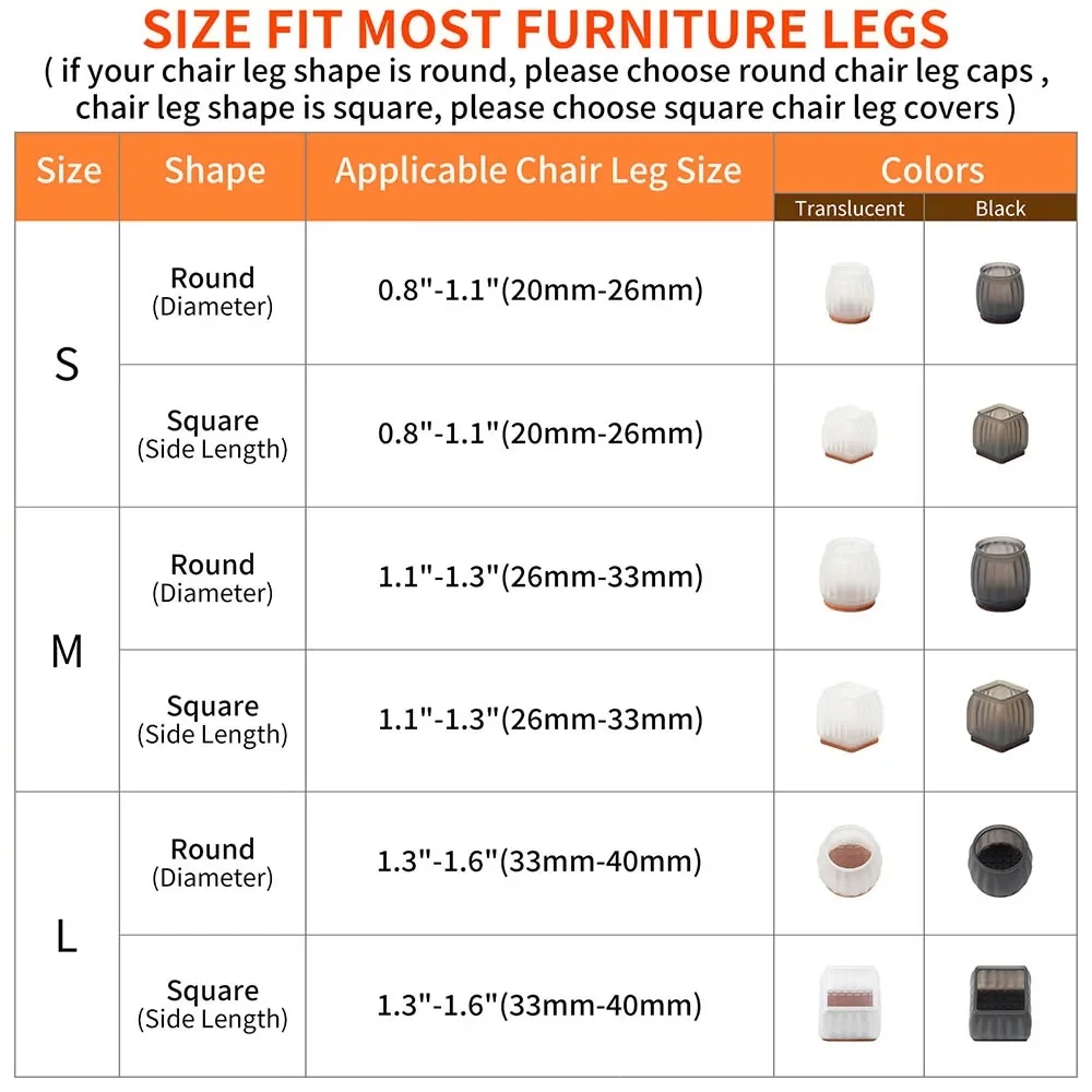 32PCS Chair Leg Floor Cover Non Slip Square TPR Table Socks Protectors Caps Furniture Glides Feet Felt Pads Hardwood Floors