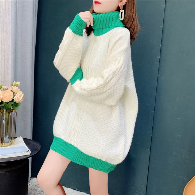 

Модный новый свитер с высоким воротником, женский пуловер средней длины с цветными блоками, зимняя термостойкая внутренняя одежда, корейская утолщенная основа