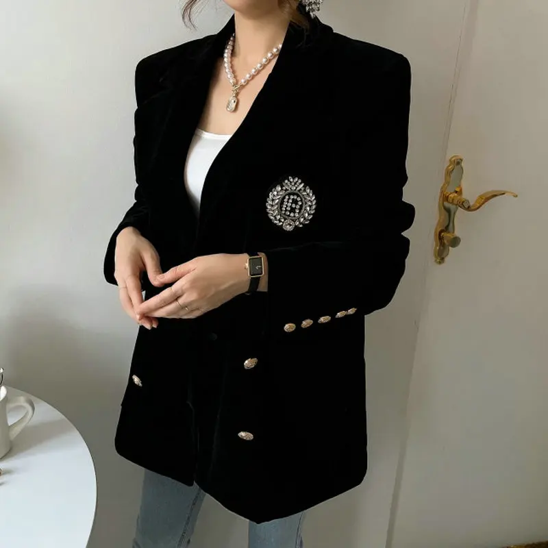 Chaqueta de Traje de Terciopelo con Letras de Diamantes de Imitación y Botones Dorados de Doble Hilera, Estilo Retro, Abrigo Casual de Negocios para Mujer