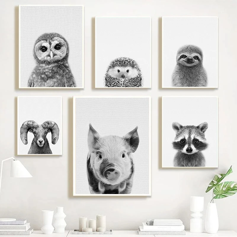 Hedgehog Racoon Lamb Black and White Animal Posters Canvas Painting Nursery Wall Art Pictures Living Room Home Decor Gift