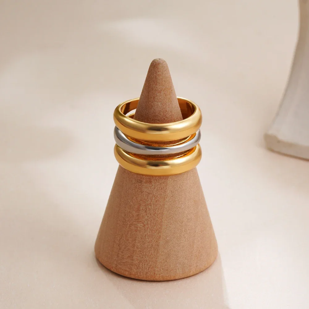 Creative Gold&Silver Mix Color Three Layers Circle Rings for Women Minimalist Wide Round Finger Ring Statement Jewelry Gifts