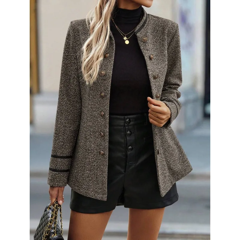 2026 New Women's Long Sleeve Double Buttoned Contrast Color Edge Regular Style Thickened Polyvinyl Fiber Coat for plus Size