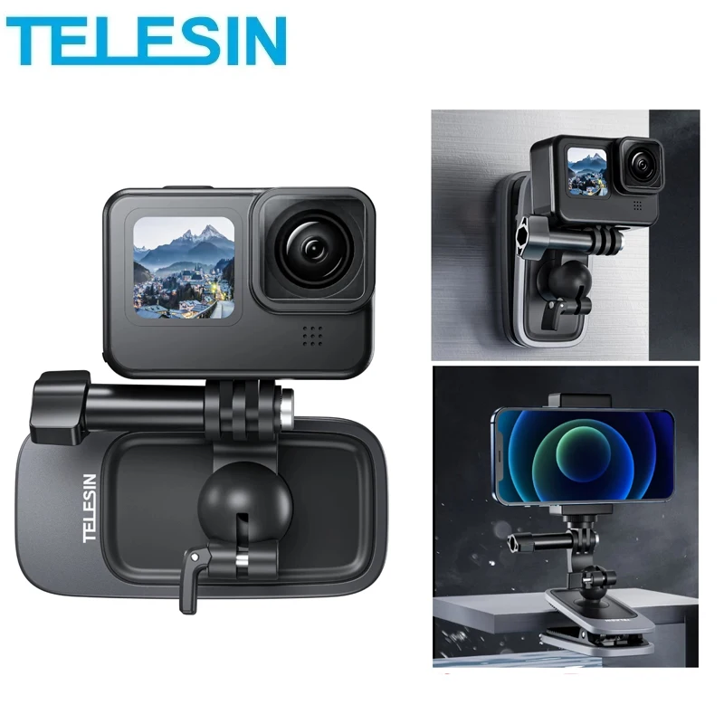 TELESIN 360 درجة دوران المغناطيسي على ظهره كليب المشبك جبل ل GoPro بطل 11 10 9 8 Insta360 X3 DJI عمل 2 3 كاميرا آيفون 14 13