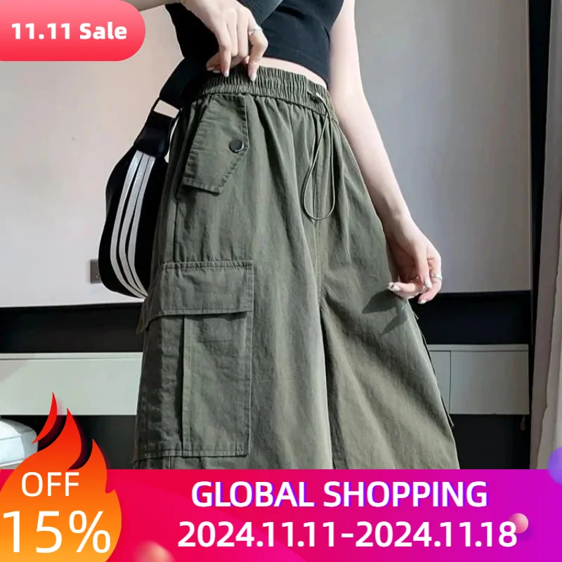 

Large Size Workwear Wide Leg Shorts Women's Five Points Mid Pants Summer Loose High Waist Slim Plus Size Pocket