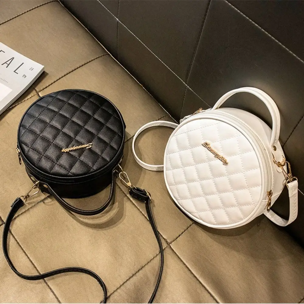 Fashion Lingge Embroidered Small Round Bag Solid Color Zipper Women Shoulder Bag PU Leather Crossbody Bag - view 2