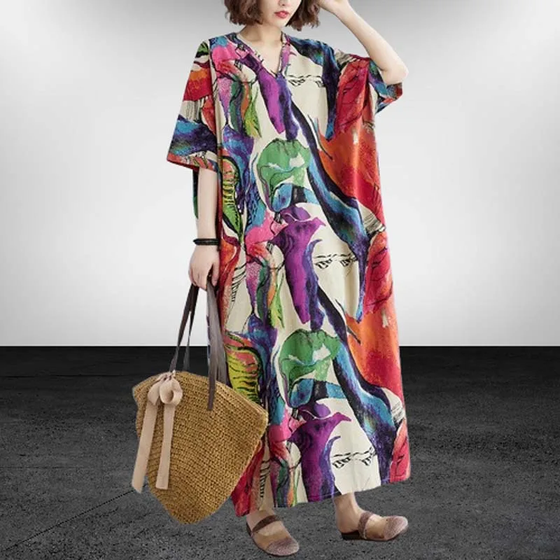 الصيف المتضخم قصيرة الأكمام القطن الكتان خمر فساتين مُزينة بنقشة الزهور المرأة عادية فضفاض ماكسي فستان صيفي طويل ملابس أنيقة