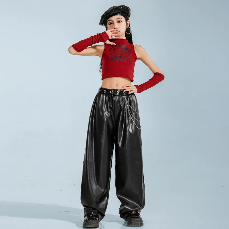 Meninas k-pop vermelho colheita topos camisa dança de rua calças de couro do plutônio crianças hip hop streetwear criança jazz topo menina grupo roupas conjunto