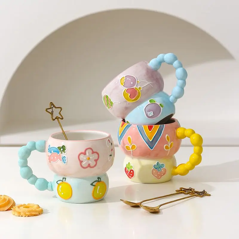 

Ручная роспись керамической чашки с рельефной тыквой, эстетическое значение, большая емкость для завтрака, милая кружка из овсянки, домашняя посуда для питья и воды