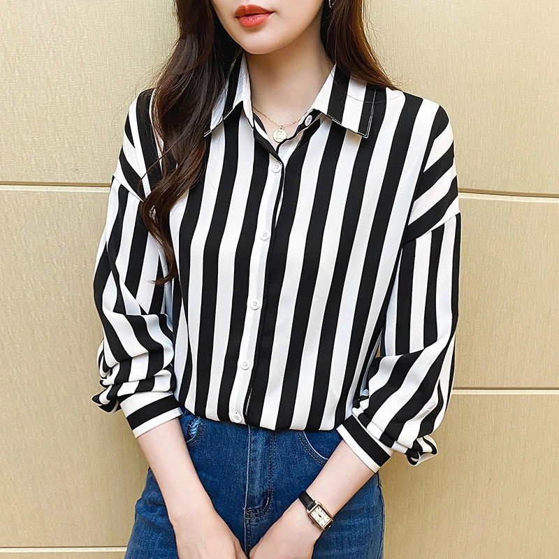 Striped Shirt for Women Flowy Button Down Lapel Collared Long Sleeve Blouse Black and White Vertical Striped Tops Classic Outfit