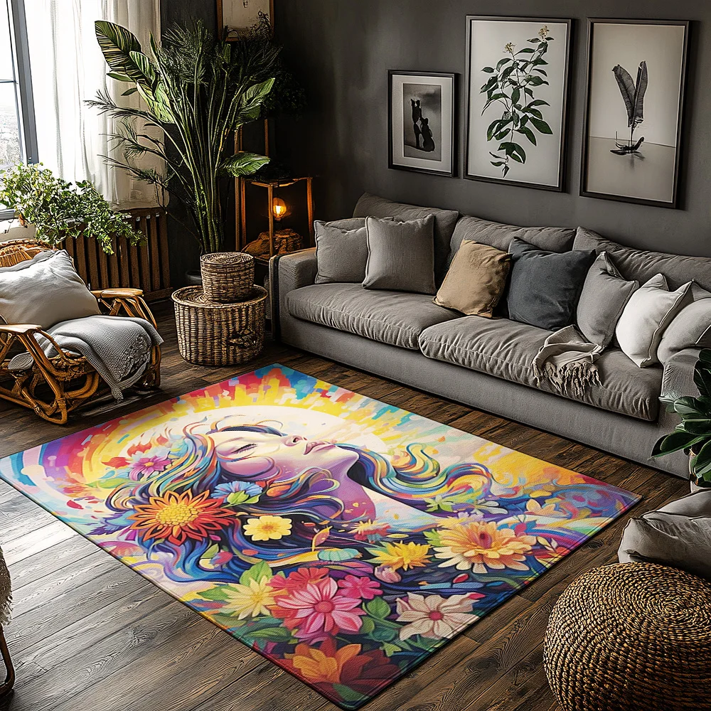 

Boho Floral Area Rug Washable Non Slip Home Decor Persian Rug Vintage Carpet Living Room Bedroom Floor Mat Artistic Design