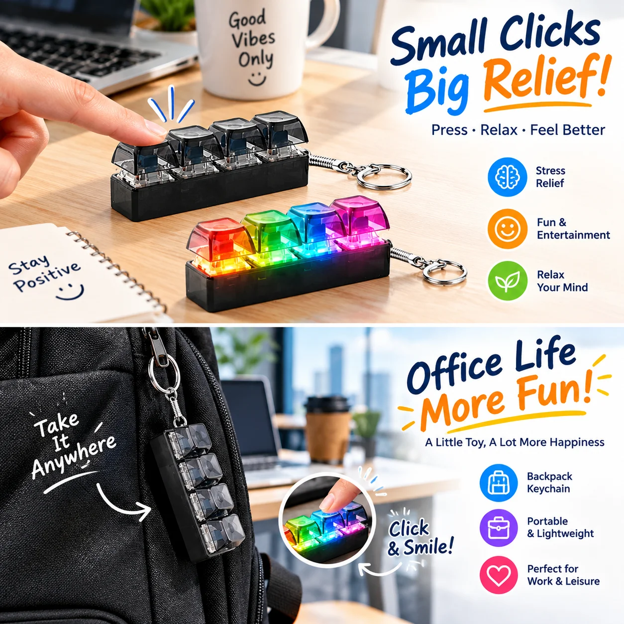 In Stock 1PC Light Up Keyboard Keychain Stress Relief Clickable LED Button Toy for People with Anxiety Office Desk Accessory