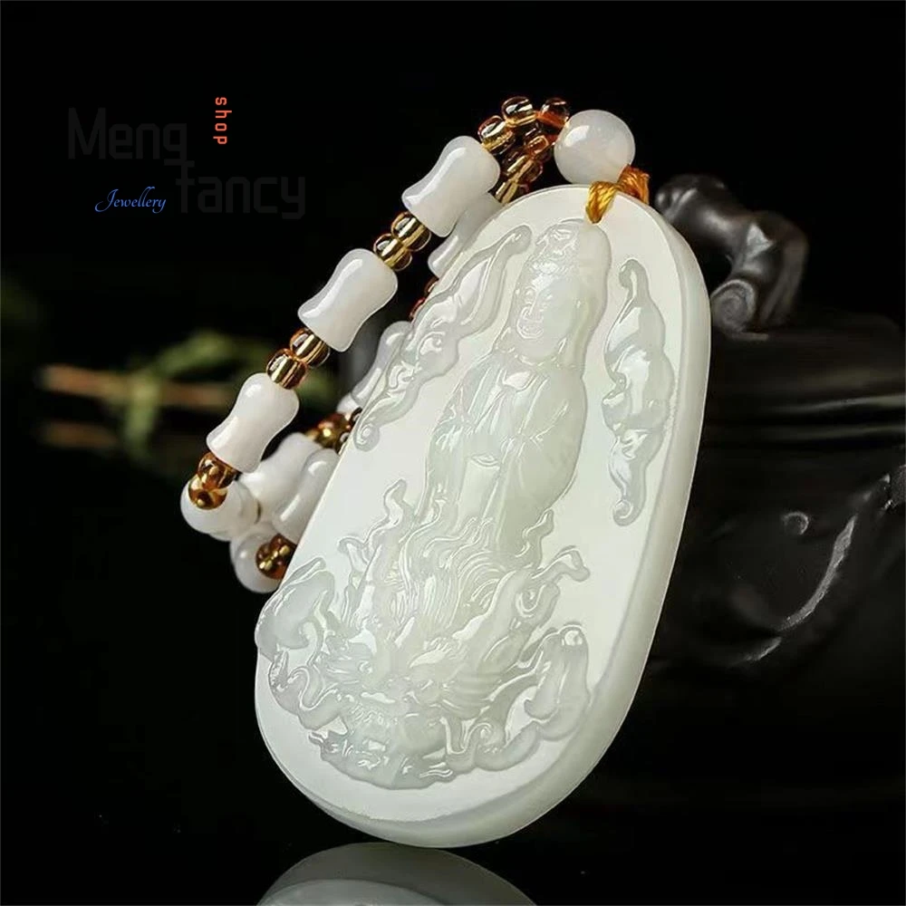 Natural Hetian White Jade Imperial Dragon Guanyin Bodhisattva Pendant Simple Exquisite Buddhist Amulets Luxury Fashion Jewelry