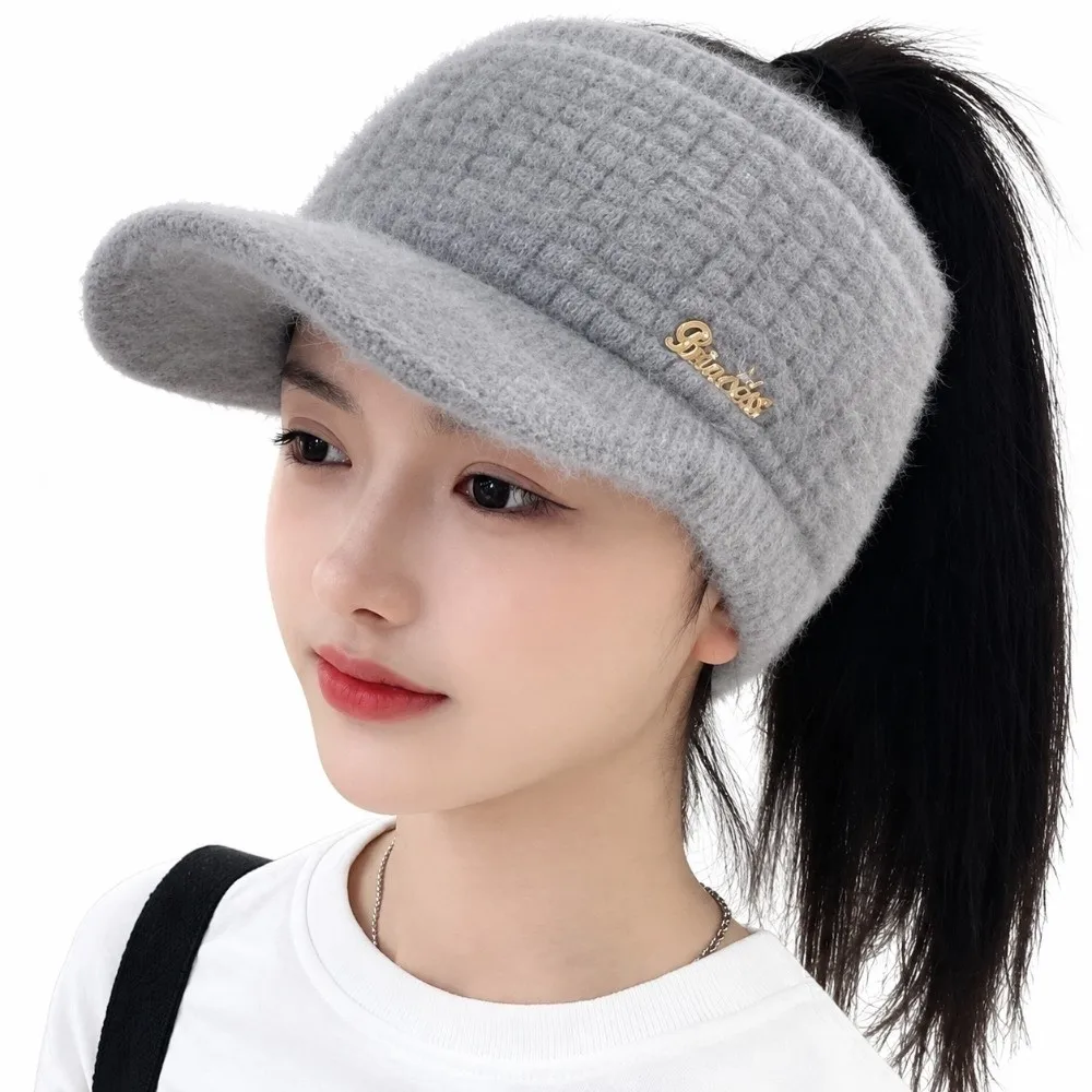 Fashion Faux Rabbit Fur Knitted Hat Warm Fleece Windproof Baseball Cap Visor Brim Earflaps Design Earflaps Hat Outdoor Sport