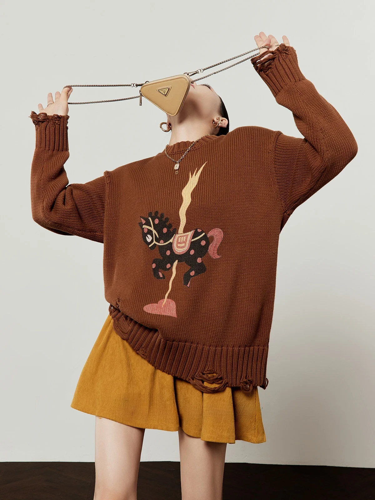 

Coffee Colored Knitted Sweater Women's Retro Print Casual Sle Long Sve Crew Ne Pullover Regular Fit Faion Spring New