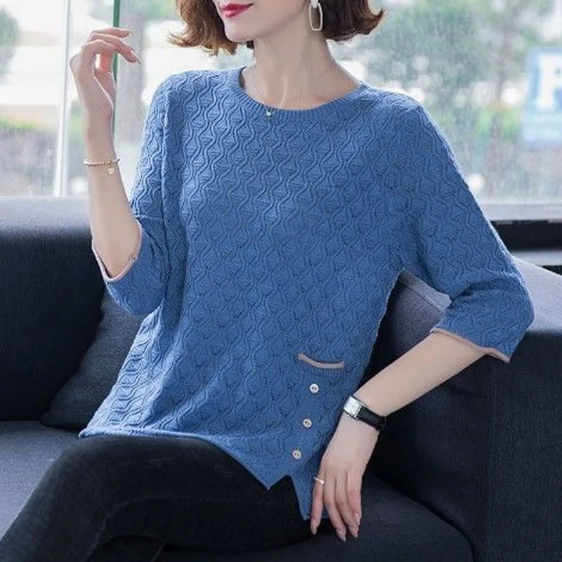 Solid Color Wave Pattern Knitted T-shirt Fashion Summer Button Spliced 3/4 Sleeve Loose All-match Pullovers Women's Clothing