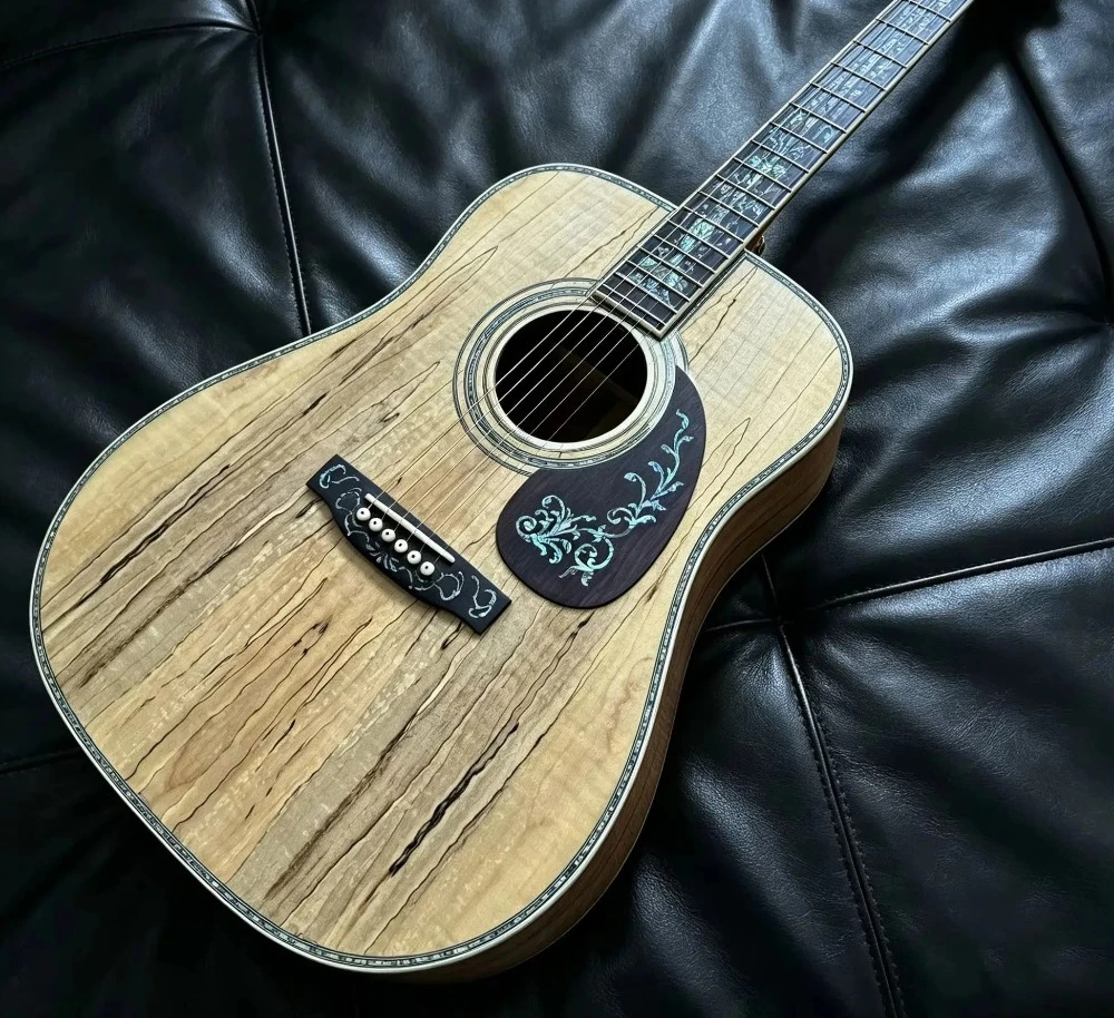 Aged Maple Wood D Barrel Acoustic Folk Guitar Natural Black Irregular Crack Texture Abalone Shell Inlay Floral Fingerboard Ox