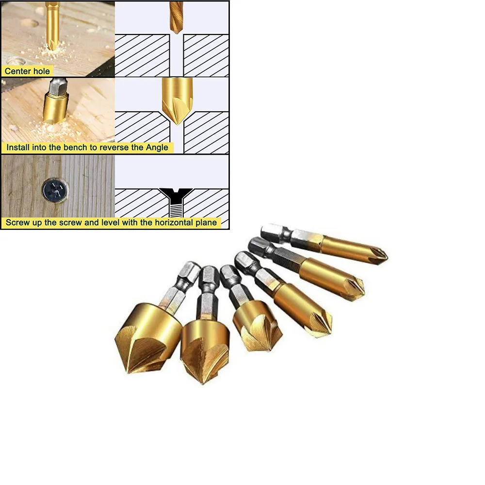 6pcs Hexagonal Handle Titanium Plated Five-edge HSS Countersink Drill Bit 1/4